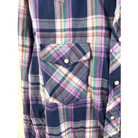 Vintage Wrangler Western Pearl Snap Shirt Mens XL Plaid Blue Purple Cowboy 90s - Picture 4 of 12